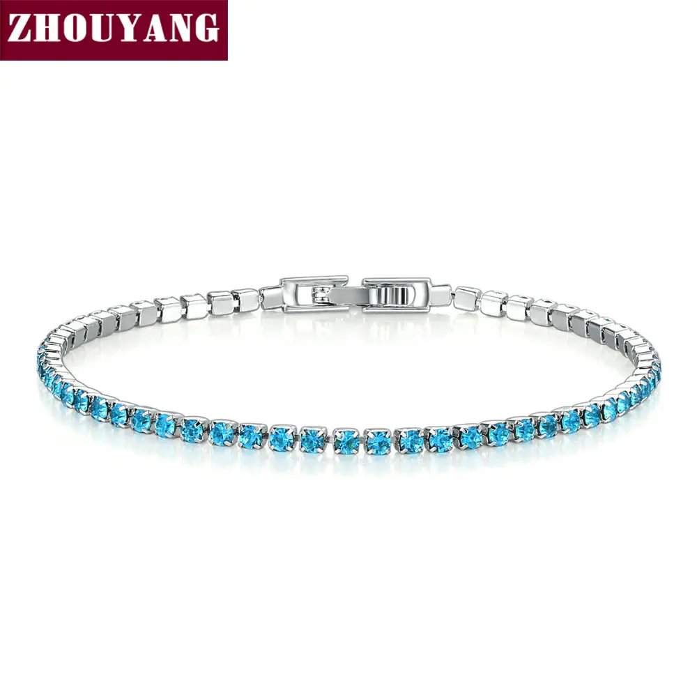ZHOUYANG браслет для женщин, Роскошные, разные цвета на выбор, 2,5 мм, CZ Кристалл, розовое золото, серебро, вечерние, подарок, модное ювелирное изделие KC128 - Окраска металла: Platinum Ocean Blue