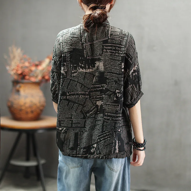 Летняя блузка Ретро Свободная Женская Повседневная рубашка Топы Стенд Кнопка