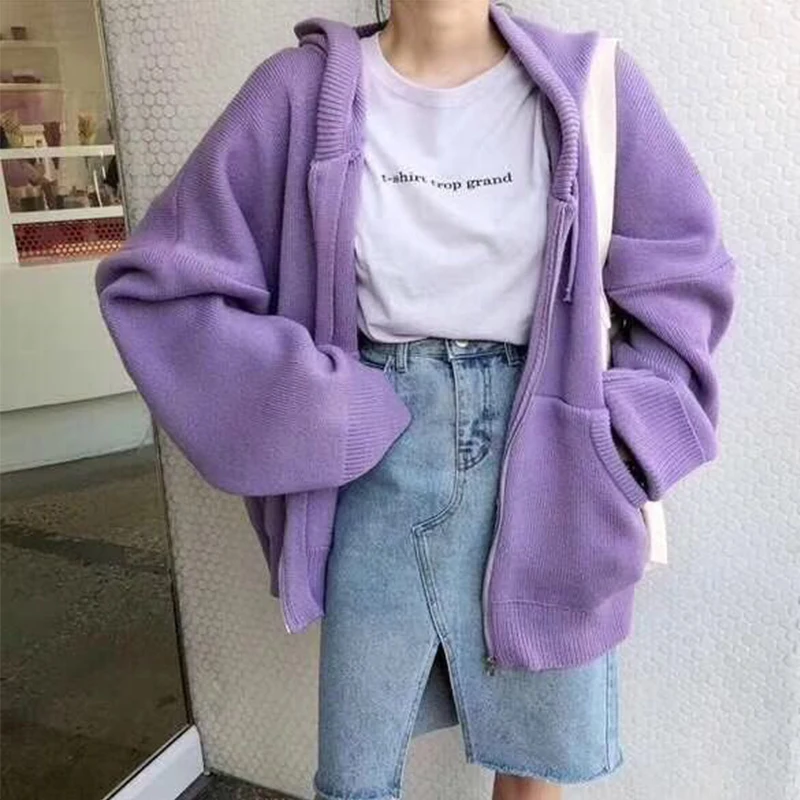 New Korean Zipper Cardigan Women Hooded Autumn Knitted Jacket 2020 Casual Loose Long Sleeve Sweater Coat Casaco Feminino |