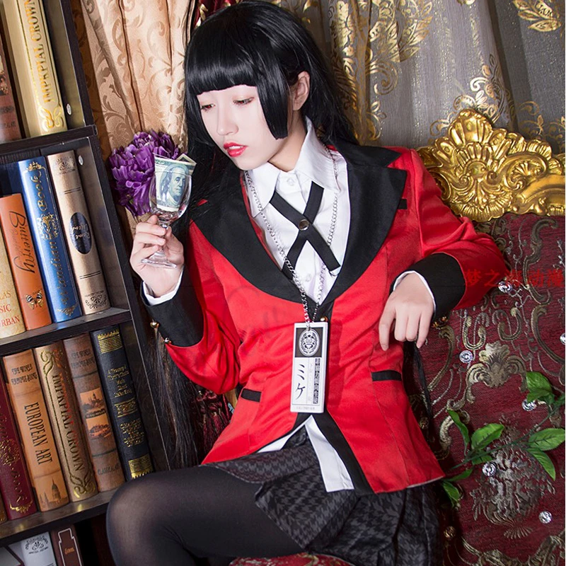 Популярные крутые костюмы для косплея, аниме Kakegurui Yumeko Jabami, японская школьная форма для девочек, полный комплект, куртка+ рубашка+ юбка+ чулки+ галстук