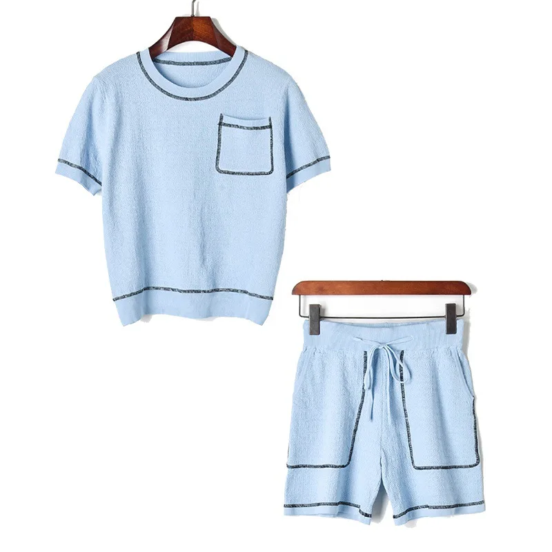 Fashion New 2019 Summer Women's Suits Two pieces Pocket Knitted T-shirt Shorts Feminine Sweet Solid Outfits Pullover Pants Set |