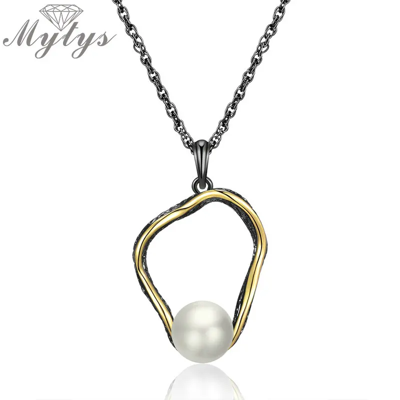 Mytys Retro Antique Black Popcorn Chain Hollow Pendant Necklace Pearl Embellish Gold Wire Frames Vintage Jewelry CN518 | Украшения и