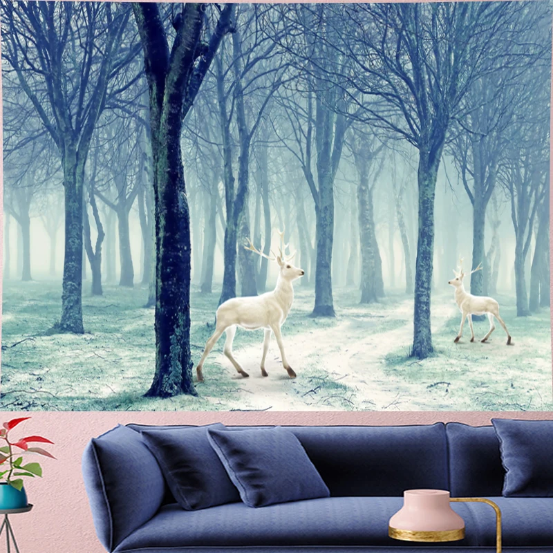 Настенный гобелен в скандинавском стиле с тропическим лесом и оленем детская