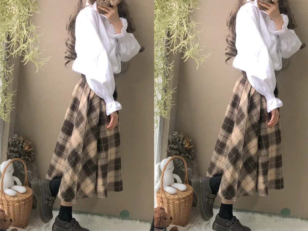 Женские юбки Повседневные женские Kawaii Ulzzang свободные винтажные шерстяные клетчатые юбки женские корейские кнопки для женщин панк длинные ретро