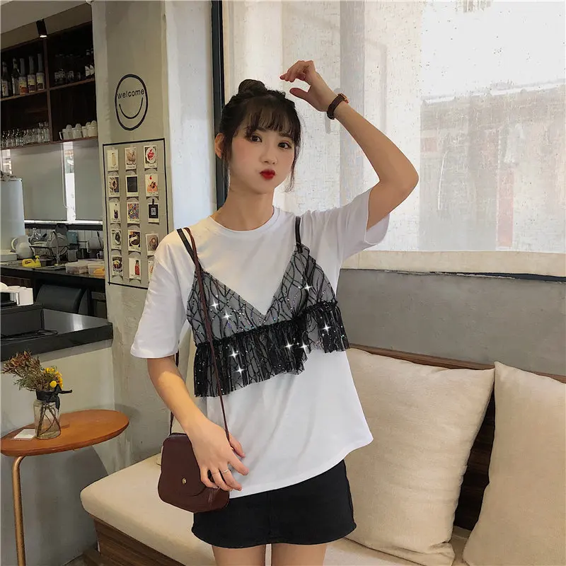 Alien Kitty Hot Fresh Summer Patchwork Short-Sleeved Sweet Fake Two Pieces Casual Elegant Free T-Shirts | Женская одежда