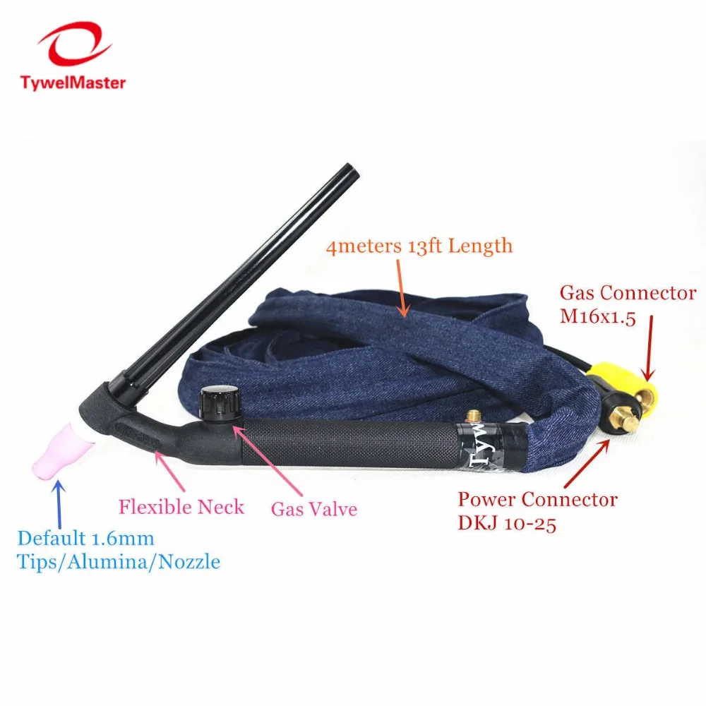 WP9FV TIG Torch 4m 13ft Gas Tungsten Arc Welding Torch WP9 Argon Air Cooled Flexible Neck Gas Valve TIG Welding Torch