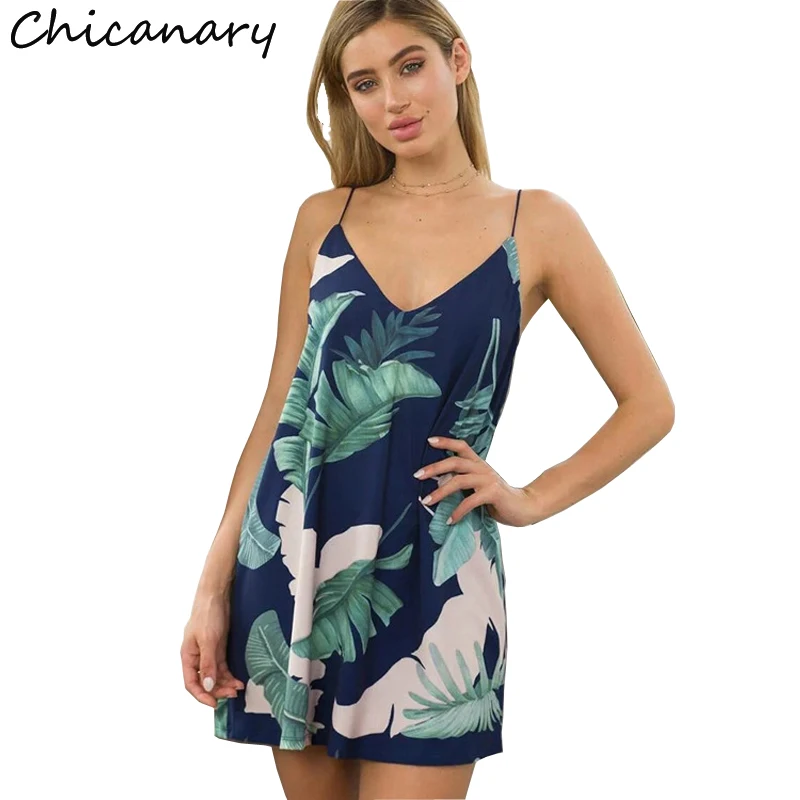 Кляузничество темно-palm Leaf Print double v Средства ухода за кожей Шеи Cami Dress Для женщин