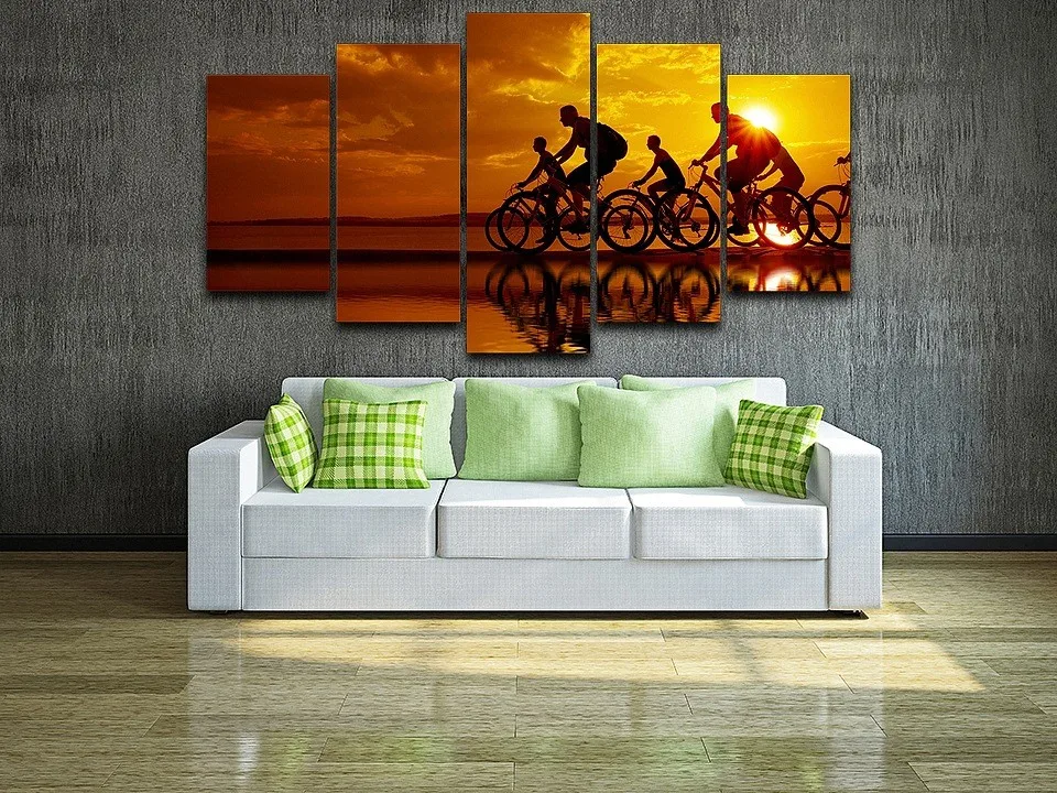Современное художественное полотно на холсте с высококачественной печатью масляной живописи, модульный постер из 5 панелей с ландшафтом морского заката с велосипедистом - декоративные картинки.