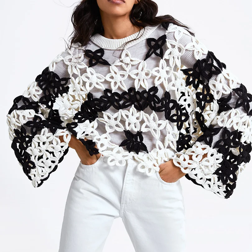 Arvinxia ZA Fashion Floral Hollow Out Long Sleeve Woman Sweaters New Loose O Neck Women Pullovers Sexy High Waist Femme Pullover | Женская