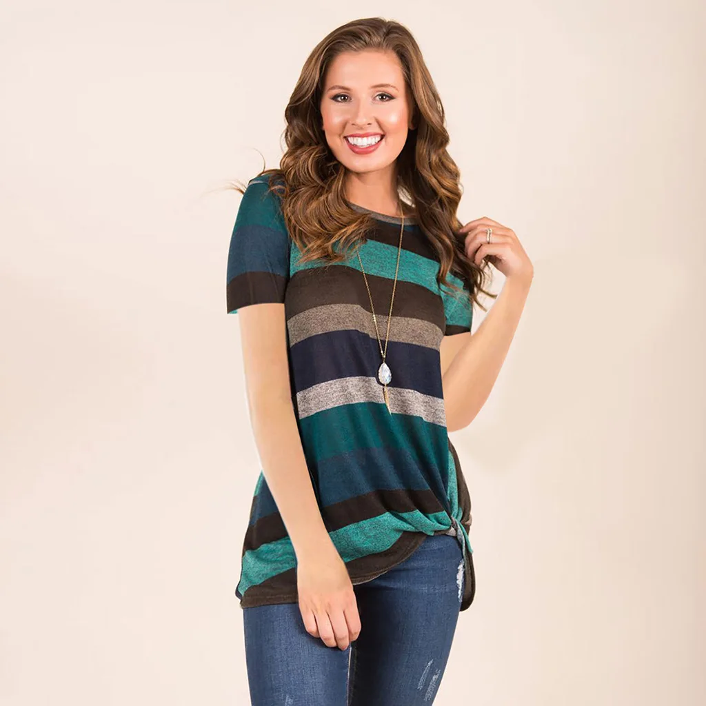 Летние женские топы футболки модные повседневные полосатые рубашки с круглым