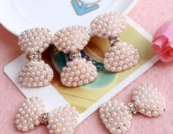 

Free Shipping 50pcs/lot metal rhinestone buttons bowknot Pearl Button For Hair Flower Accessories Wedding Invitation decoration