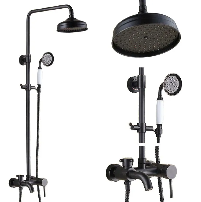 

Черный латунный кран с одной ручкой для ванной комнаты, 8 дюймов, Круглый, для дождя, для душа, набор, ванна, смеситель, ручной душ mrs343