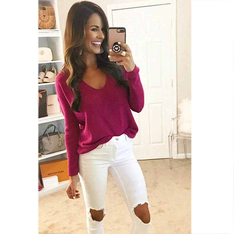 

GAOKE Casual New Slim Autumn Sweater 2018 V Neck Loose Solid Women's Sweaters And Pullovers Knitwear Jumper Ladies Pullover