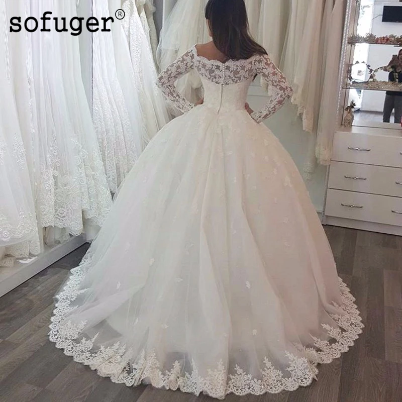 

White Boat Neck Appliuqes Tulle Ball Gowns Long Sleeves Puffy New Muslim Arabic Wedding Dress Boho Sofuge Vestido De Noiva