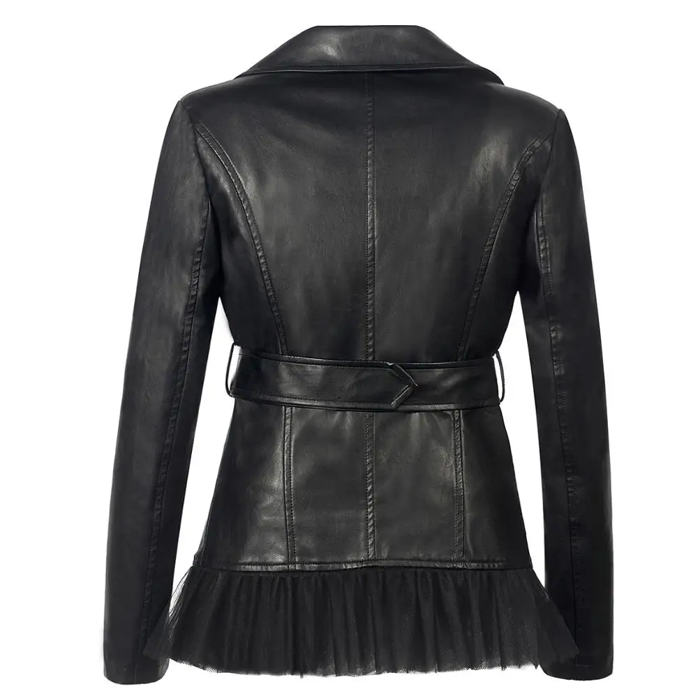 SX NEW Soft PU Faux leather Jacket Women Sashes Slim Lapel Lace zipping Beading Motocycle Coats