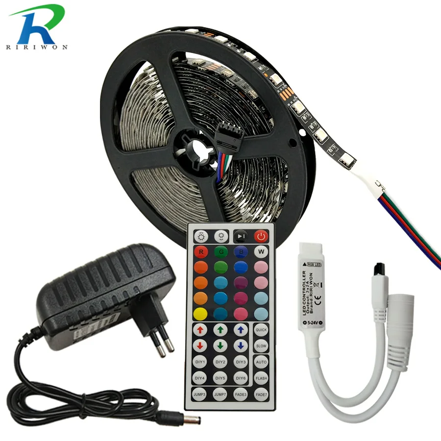 RGB Светодиодная лента DC 12 В SMD 5050 Rgb 5 м черная гибкая лента Диодная лента светильник+ контроллер+ адаптер питания украшение