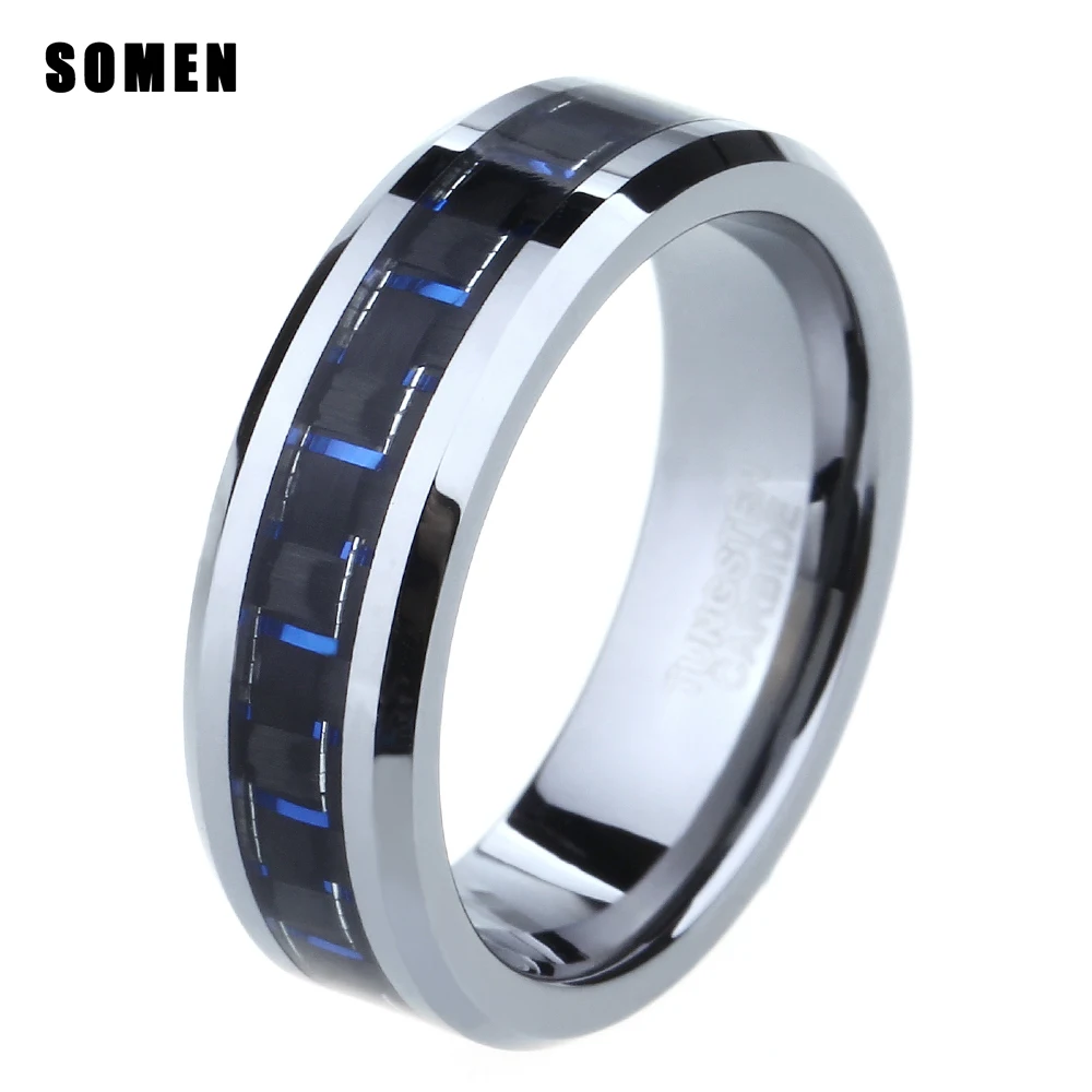 6 мм вольфрамовое Черное и синее углеродное волокно инкрустированное кольцо для