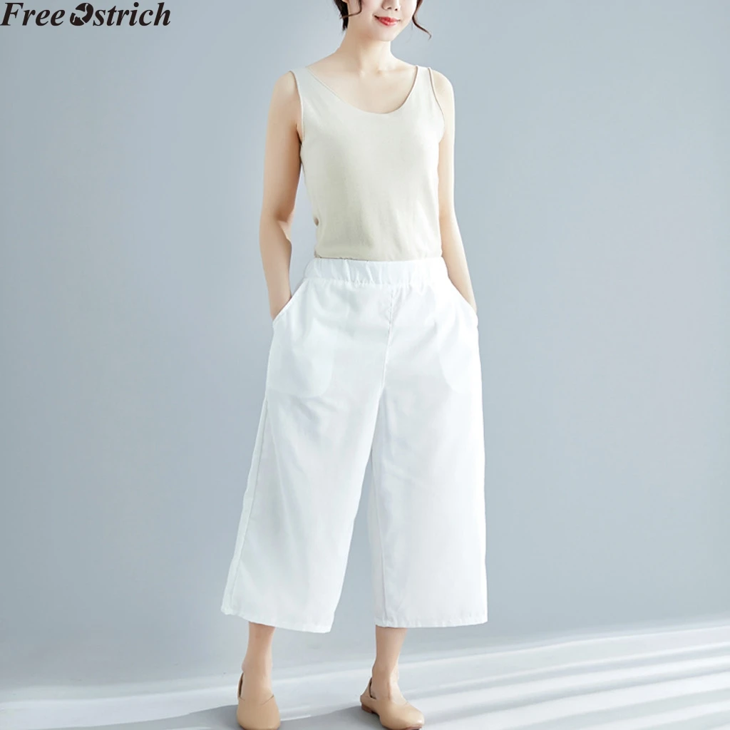 Women cotton linen loose casual trousers plus size summer solid color wide leg pants ladies black high waist elastic | Женская одежда