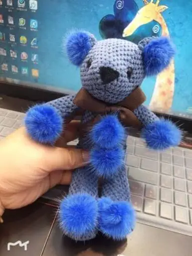 BIG SIZE Fluffy Bear Keychain Pendant Mink Fur Pompoms Key Chain Fur Pom Pom Keychain Bag Charm Car Pendant Winter Key Ring - Цвет: blue