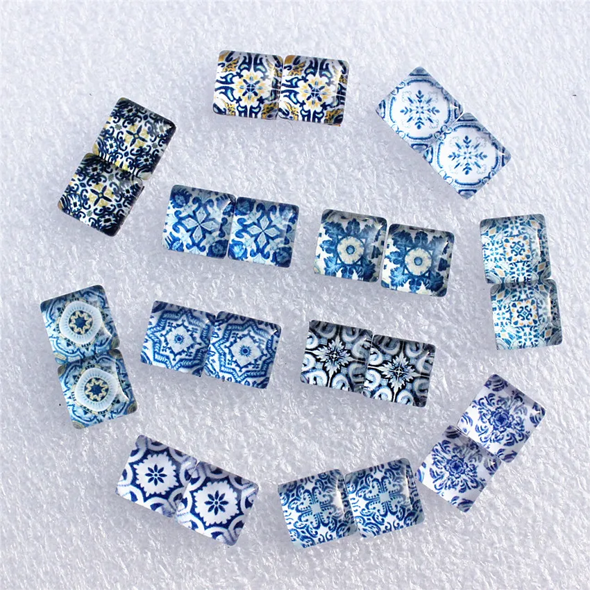 10 мм квадратный синий и белый фарфор смешанный стиль в парах стеклянный кабошон с