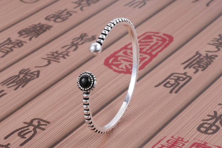 HEYLUOKE Новое поступление ретро 925 стерлингового серебра ювелирные браслеты личности круглые с черными камнями твист дикие изысканные браслеты