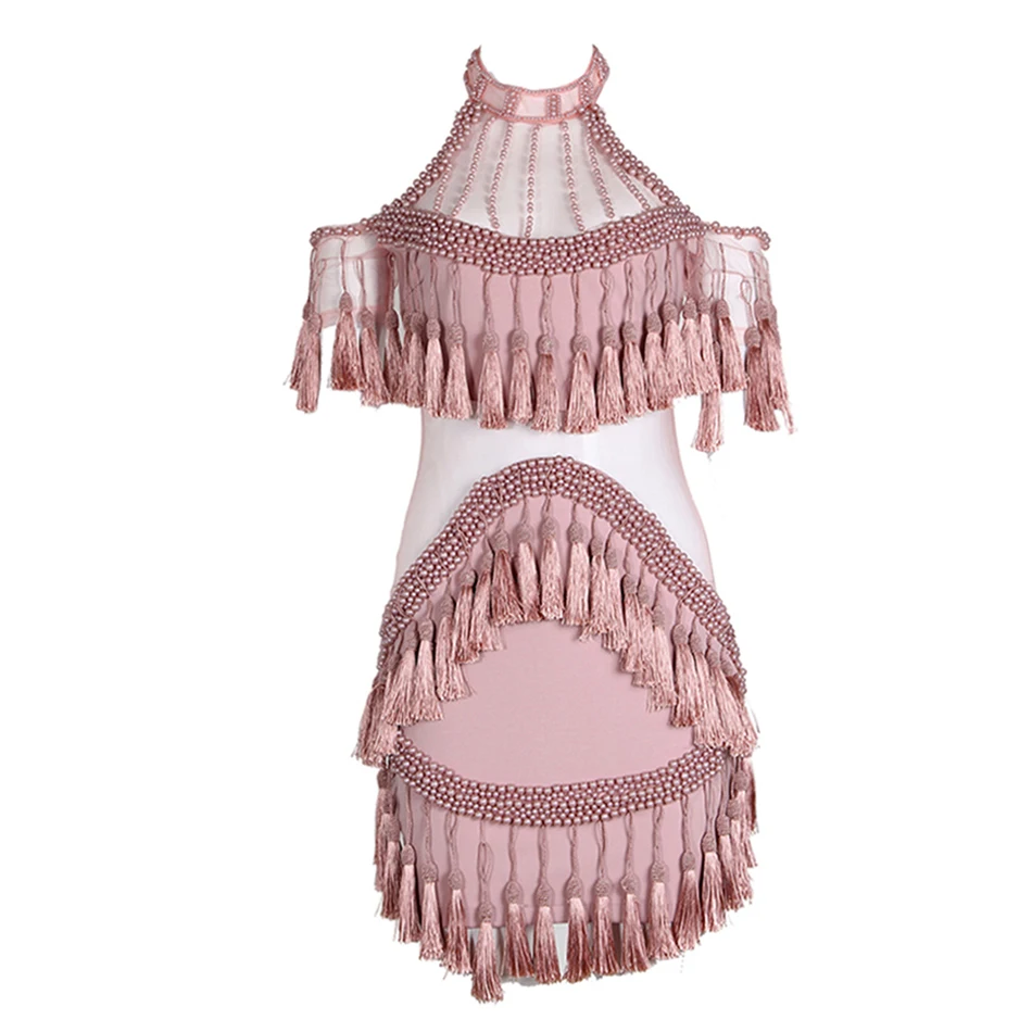 Платье женское розовое с кисточками ручной работы бусинами опт 2020|runway dress|dress fashion