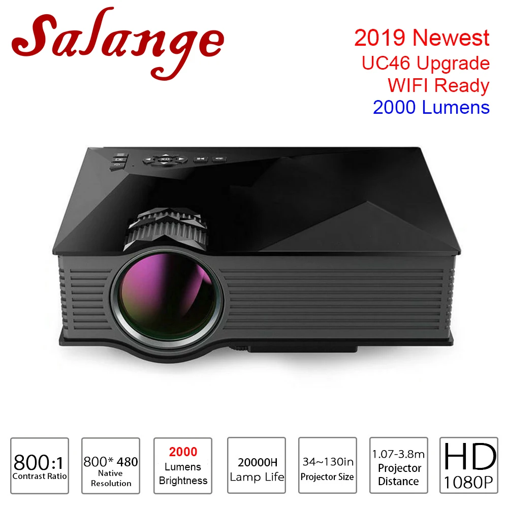 Salange UC68 светодиодный проектор WiFi, 2000 люмен видео проектор 800x480 проектор домашний кинотеатр Поддержка Miracast синхронизация экрана телефона