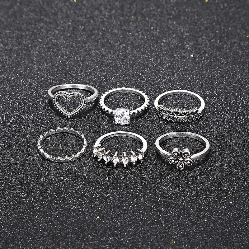 YAOLOGE Vintage Heart Flower Crown Shape Rings Sets for Women Girls Bohemian Carving Crystal Midi Knuckle 6 pcs/Sets | Украшения и