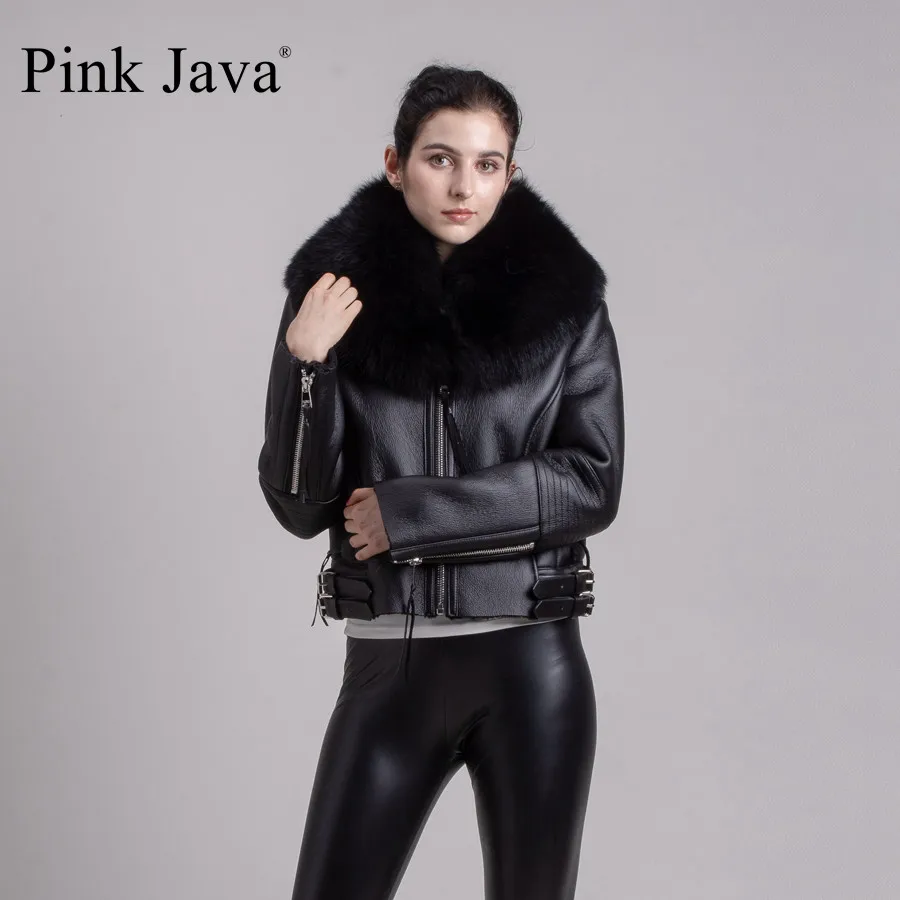 Розовая java QC8088, новинка,, Женская куртка из натурального меха Мериносовой овцы, большая куртка с воротником из натурального Лисьего меха, пальто из искусственной кожи
