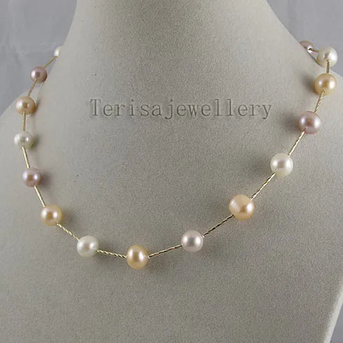 

Terisa Pearljewelry Perfect Natural Color White Pink Purple AA 8-9MM Freshwater Pearl Necklace Made With Tube Yellow Jewelry