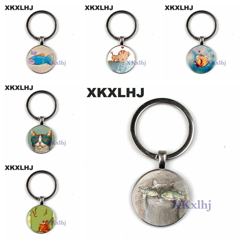

XKXLHJ Creative Fun Cat Fish Best Friend Key Chain Handmade Photo Glass Dome Metal Key Ring Cute Cartoon Animals Lovers Keychain