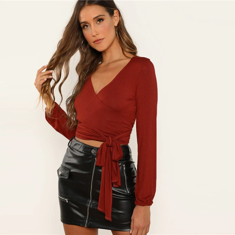 SHEIN Короткая Блузка С Глубоким V-Образным Вырезом Женские Богемные Блузки С Длинными Рукавами И Поясом