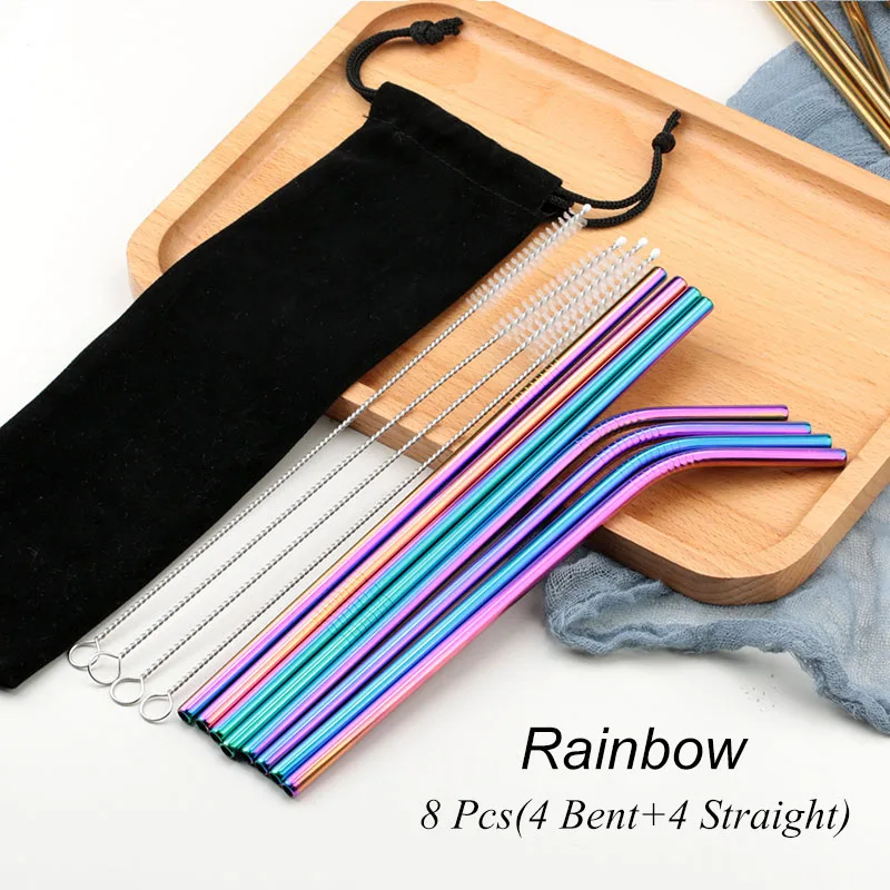 02 Rainbow 8 шт многоразовые соломинки из нержавеющей стали для питья Металлические Прямые изогнутые соломинки из нержавеющей стали с чистящей щеткой вечерние аксессуары для бара - Цвет: 02 Rainbow