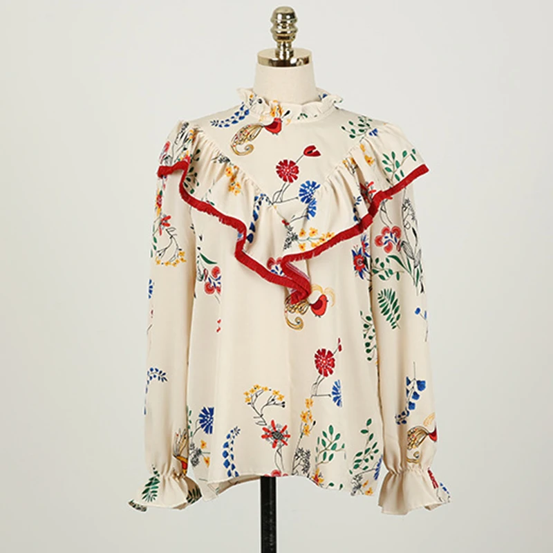 TWOTWINSTYLE рубашка с принтом женская оборками в стиле пэчворк со стоячим воротником