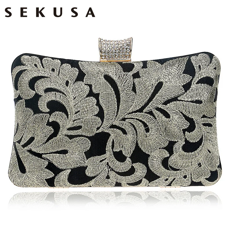Sekusa Винтаж Вышивка клатч Diamonds Luxurious Для женщин Вечерние сумки цепи плеча Кошелек