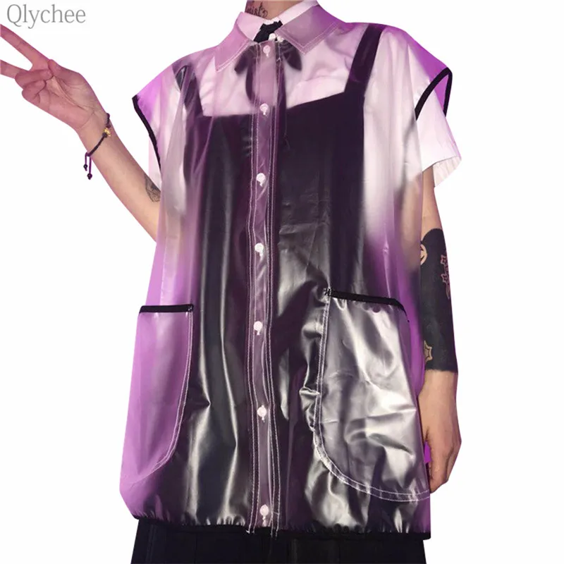 Qlychee PVC See Through Blouse Female Short Sleeve Turn Down Collar Shirts Summer Casual Women Pocket Button |