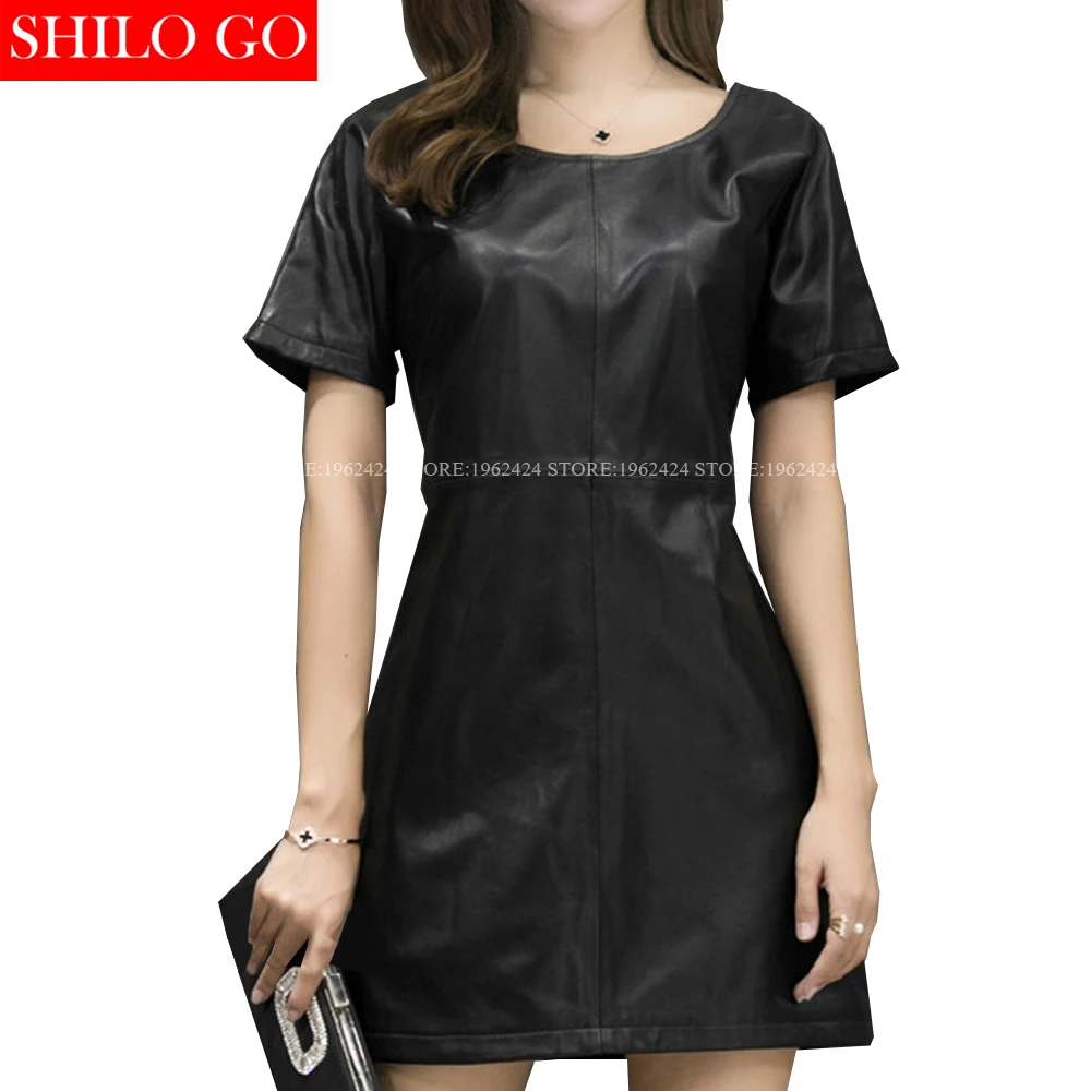 SHILO GO модное уличное женское черное офисное платье-карандаш с круглым вырезом и коротким рукавом на молнии из натуральной овечьей кожи женское платье