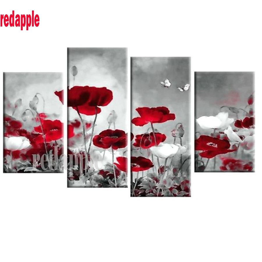 

DIY Diamond Painting Cross Stitch 5D Diamond Embroidery crystal Full Diamond Mosaic Crafts red Poppy flowers 4pcs/set