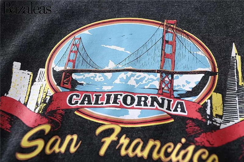 Bazaleas хлопок риппид тройник короткий рукав женский сплошной цвет California принт Женская футболка Мода harajuku футболка