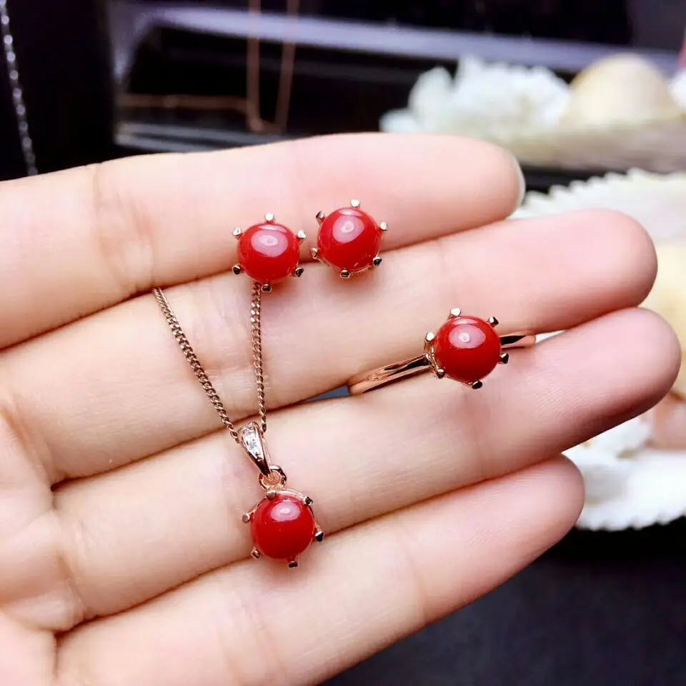 MeiBaPJ натуральные красные коралловые комплект ювелирных изделий из драгоценных камней Настоящее серебро 925 кольцо, ожерелье, серьги 3 шт. костюмы Свадебные украшения для женщин
