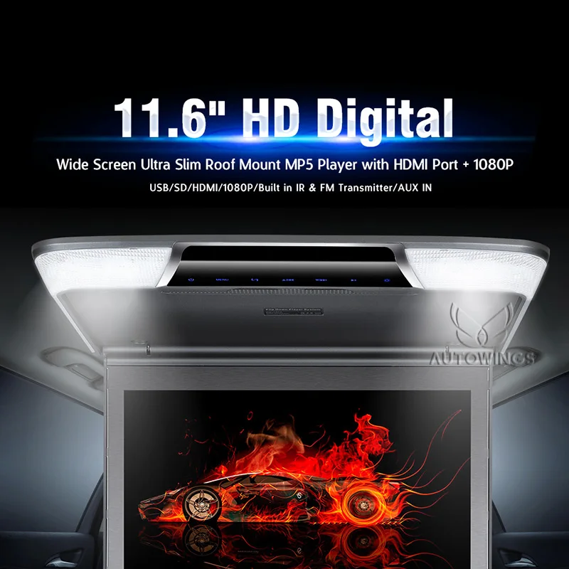 11.6 inch 1920*1080 TFT LCD Roof Mount Monitor Car Overhead Ceiling Monitor Video Player Screen FM HDMI USB SD IR Headphones