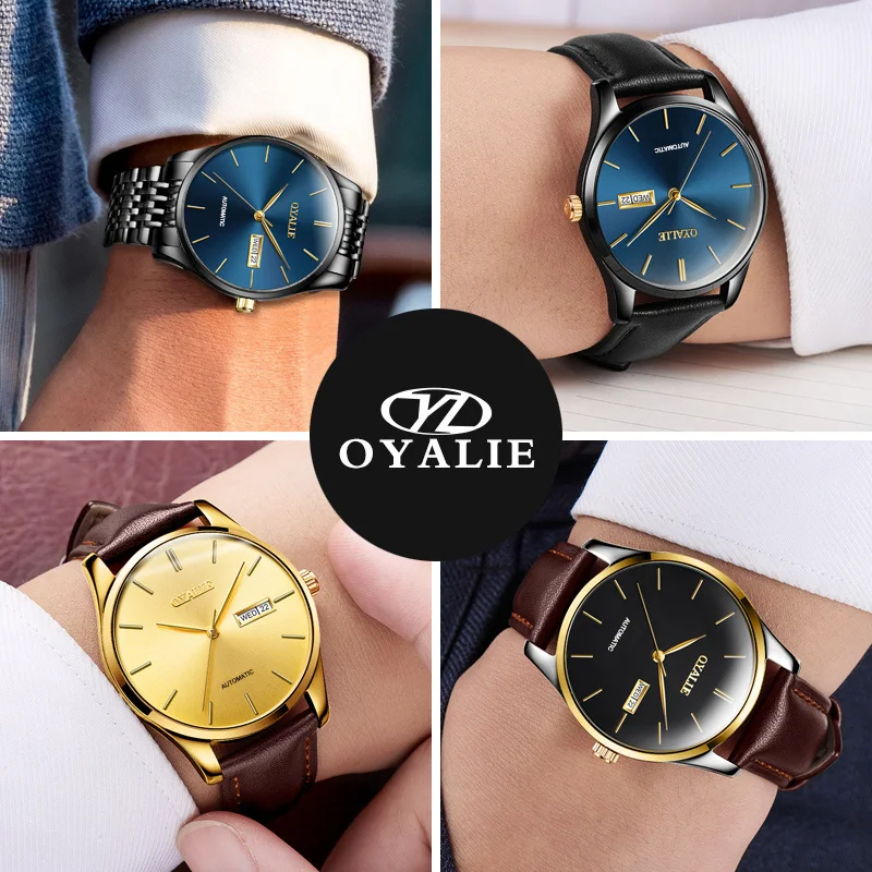 Мужские автоматические часы OYALIE роскошные механические с золотым циферблатом и