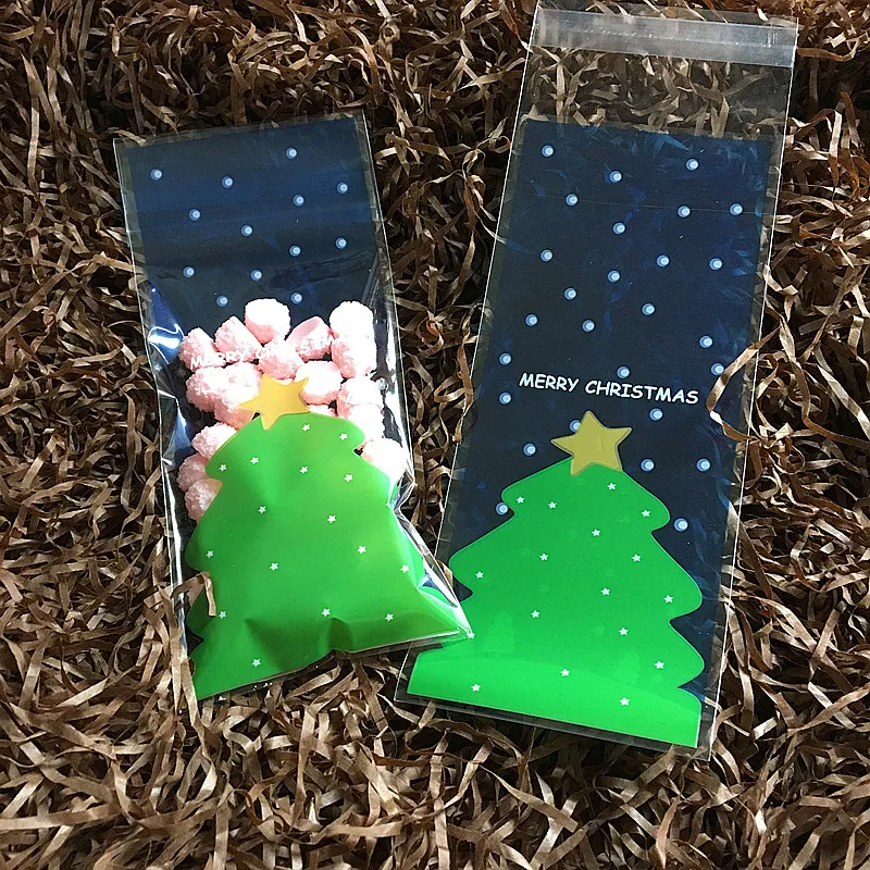 100 шт пищевые упаковочные мешки для печенья синяя Рождественская елка печать
