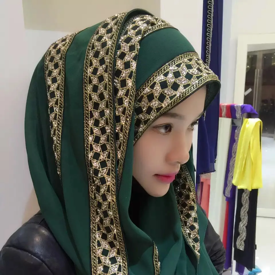 

Lace Decorated Wedding Hijab Islamic Hijab Women's Muslim Glitter Sequins Solid Headscarf Hijab