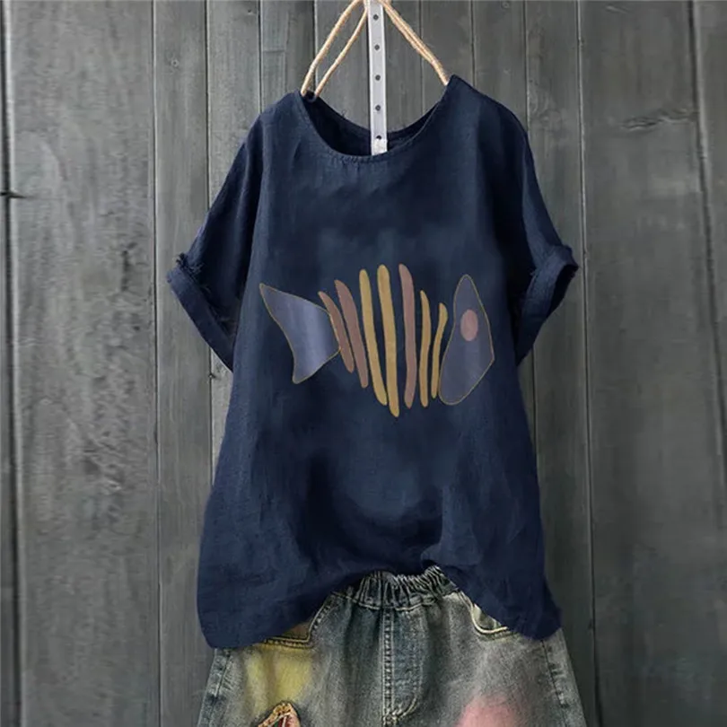 Футболка женская повседневная из хлопка и льна с принтом коротким рукавом