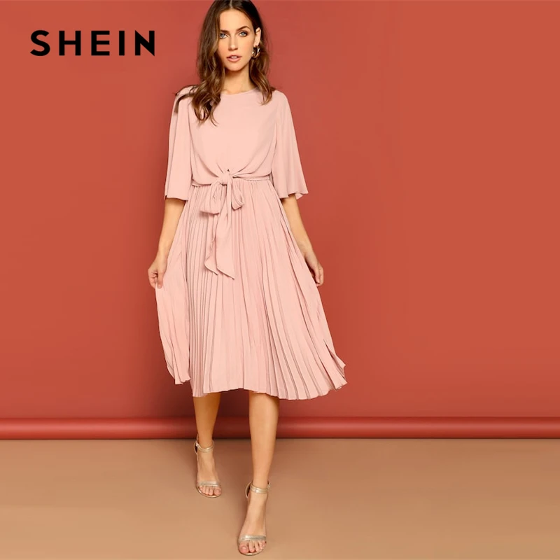 SHEIN Однотонное Платье С Оригинальным Рукавом И Узлом Женское Розовое Элегантное Платье С Средним Рукавом И Поясом