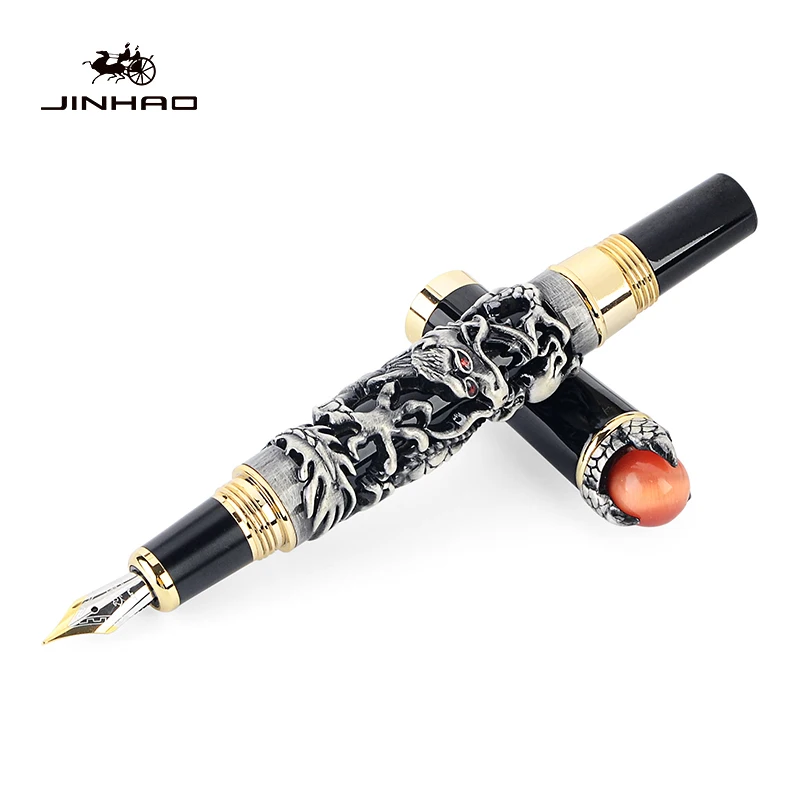 

Jinhao Dragon Style Silver 0.5mm Fountain Pen Brand Gold Metal School Office Business Writing Ink Pens Tool Gift Stationery