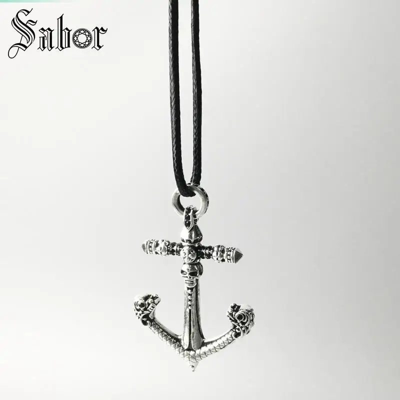 Кожаное ожерелье с черепом якорями Rebel Punk подарок для мужчин и женщин Серебряное