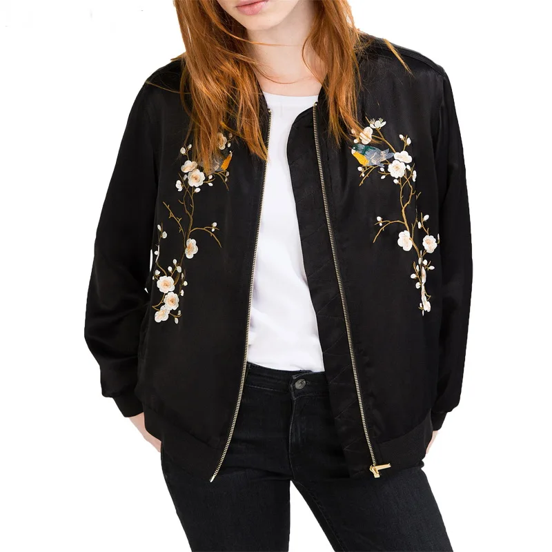 Женская куртка бомбер 2018 Повседневная системная Цветочная вышивка женская и