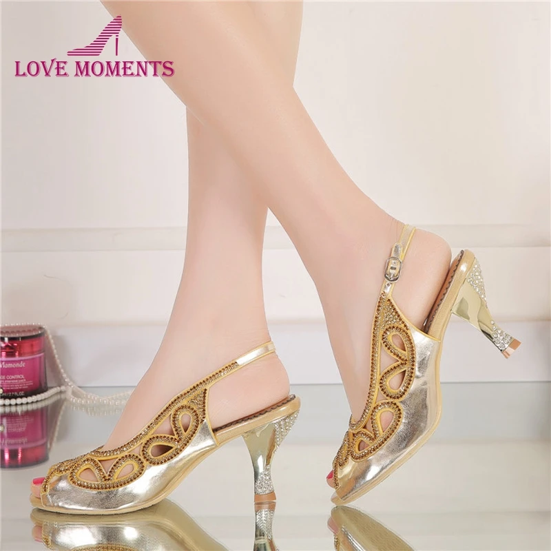 

3 Inches Wedge Heel Summer Sandals Peep Toe Rhinestone Wedding Bridal Shoes Gold Crystal Slingback High Heel Party Prom Shoes